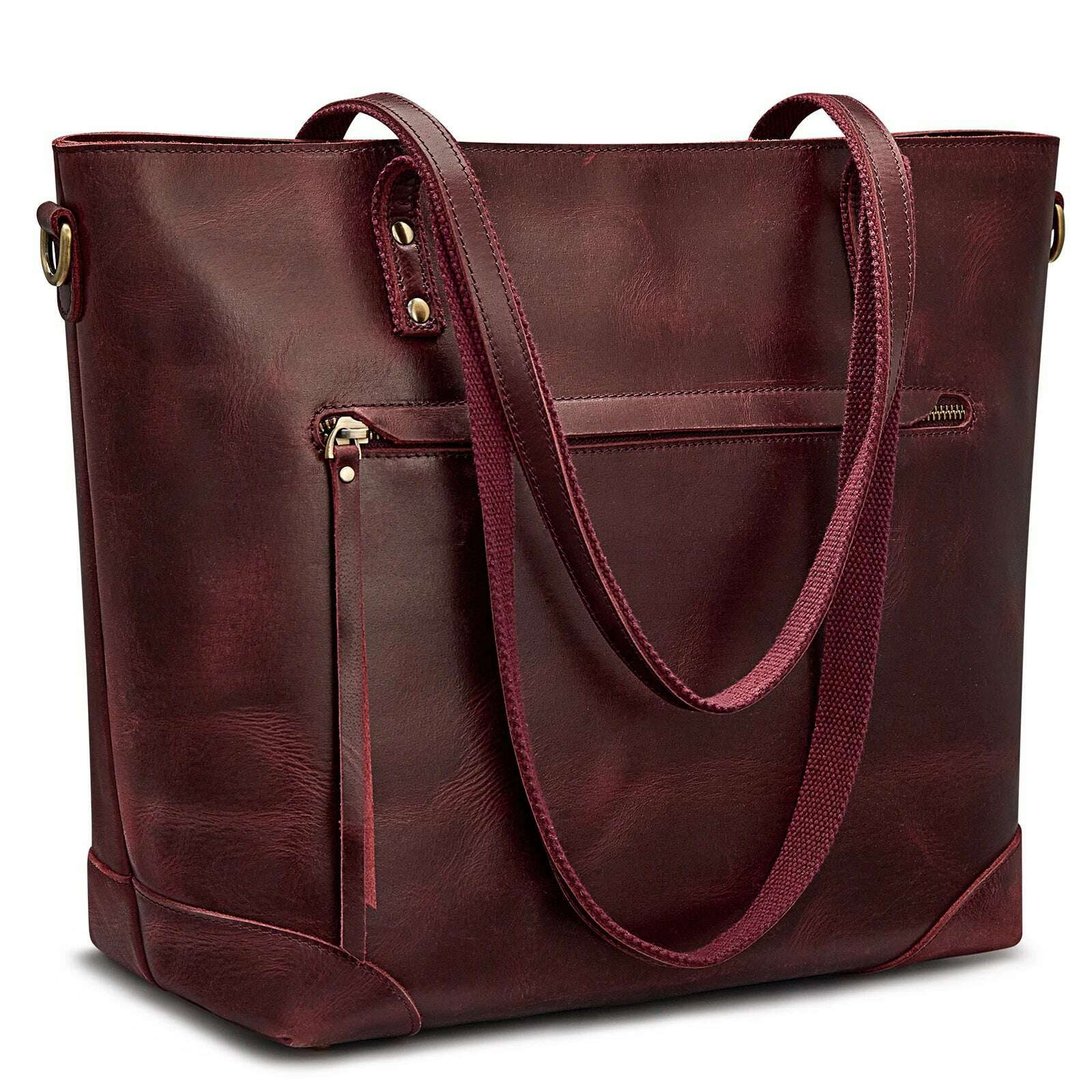 KIMLUD, S-ZONE Vintage Genuine Leather Shoulder Bag Work Totes for Women Purse Handbag with Back Zipper Pocket Large, Wine Red / China, KIMLUD Womens Clothes