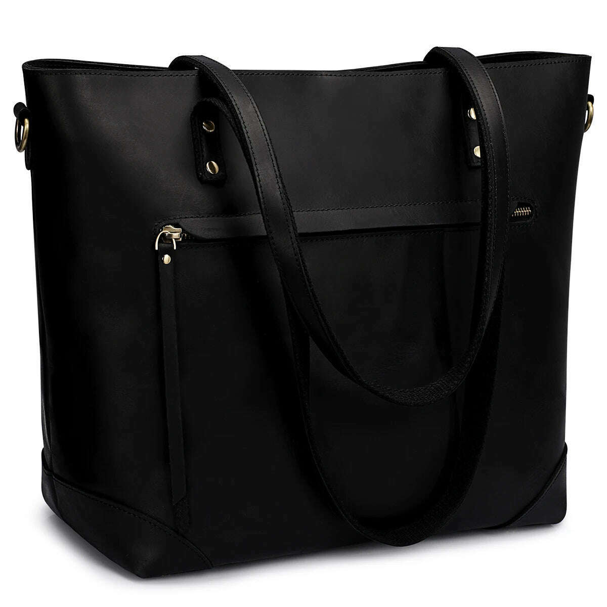 KIMLUD, S-ZONE Vintage Genuine Leather Shoulder Bag Work Totes for Women Purse Handbag with Back Zipper Pocket Large, Black / China, KIMLUD Womens Clothes