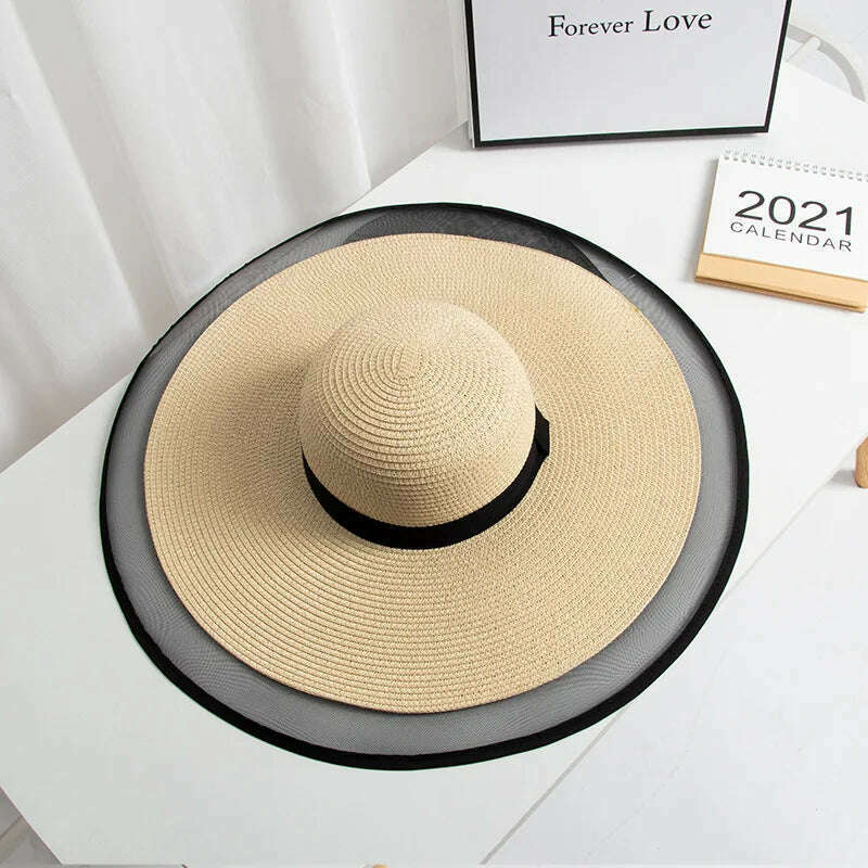 KIMLUD, S09 Straw hat Summer New Style Black Mesh Female Summer Sunscreen Cover Seaside Vacation Holiday Foldable Beach Hat Sun Visor, Beige / 56-58CM, KIMLUD Womens Clothes