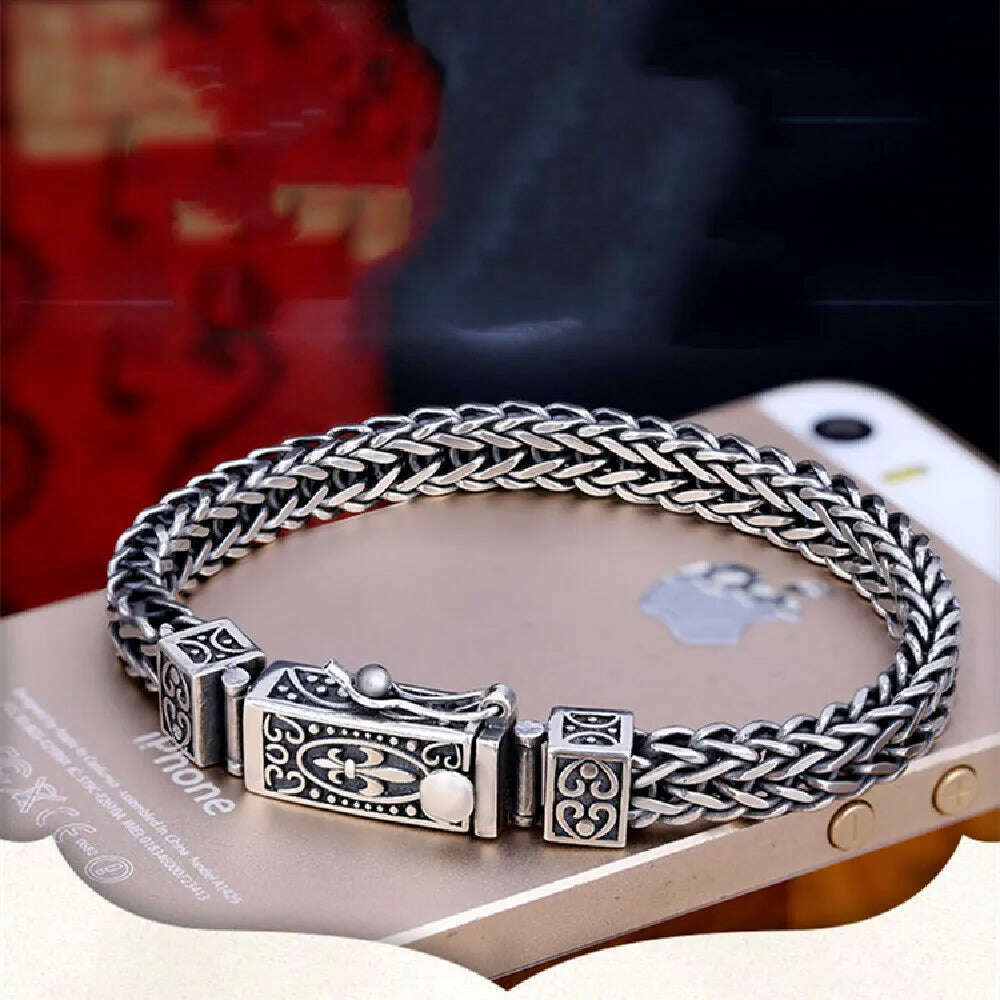 S925 Sterling Silver Charm Bracelets 2023 Popular Retro Totem Double Row Woven-Chain Pure Argentum Amulet Jewelry for Men Bangle, KIMLUD Women's Clothes