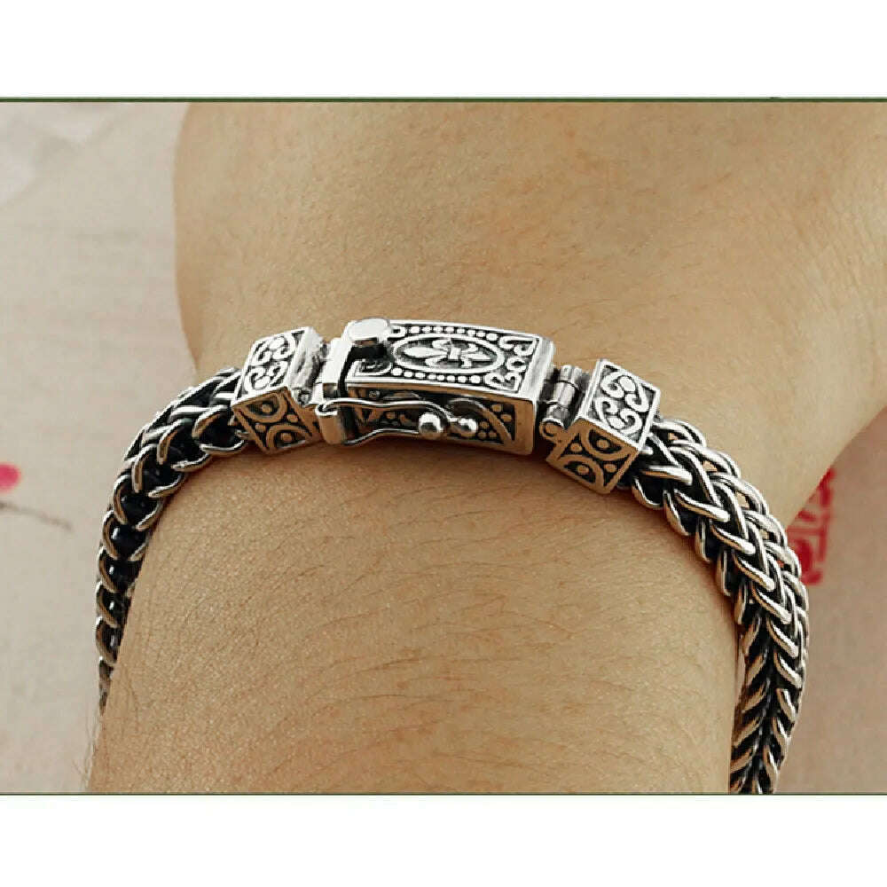 KIMLUD, S925 Sterling Silver Charm Bracelets 2023 Popular Retro Totem Double Row Woven-Chain Pure Argentum Amulet Jewelry for Men Bangle, KIMLUD Womens Clothes