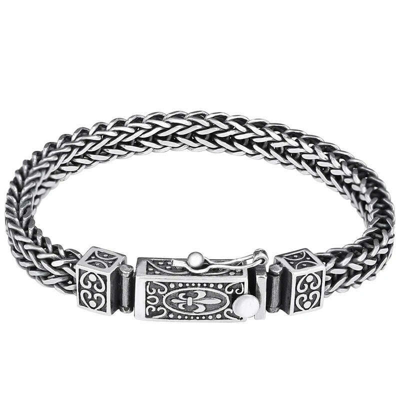 S925 Sterling Silver Charm Bracelets 2023 Popular Retro Totem Double Row Woven-Chain Pure Argentum Amulet Jewelry for Men Bangle, KIMLUD Women's Clothes