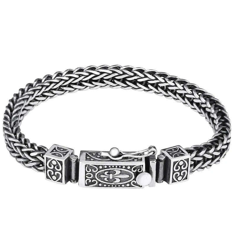 KIMLUD, S925 Sterling Silver Charm Bracelets 2023 Popular Retro Totem Double Row Woven-Chain Pure Argentum Amulet Jewelry for Men Bangle, KIMLUD Womens Clothes