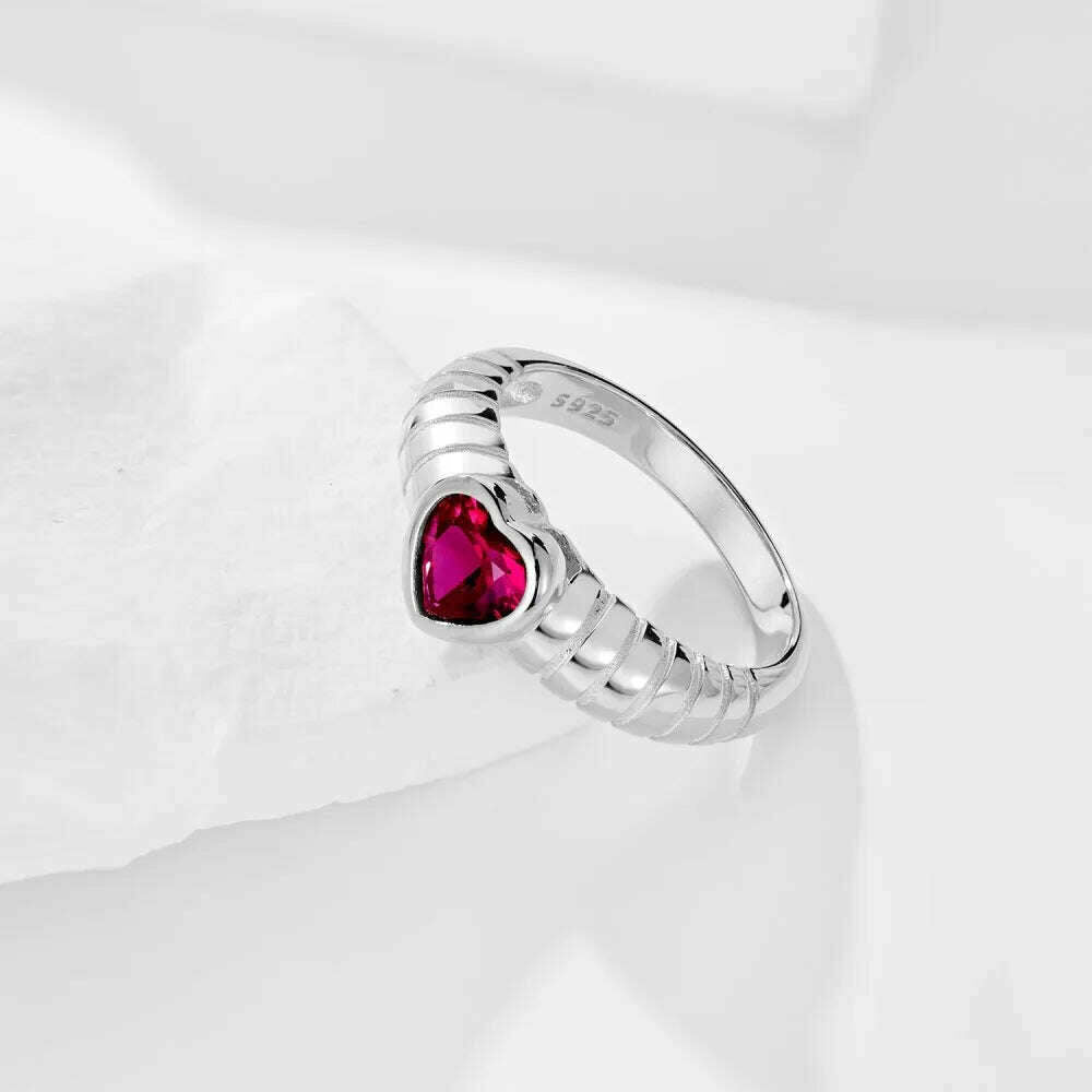 KIMLUD, S925 Sterling Silver Rings Women Vintage Red Heart Ring Female Shiny 5A Zircon Luxury Jewelry Gift Gift Lady Party Banquet, KIMLUD Womens Clothes