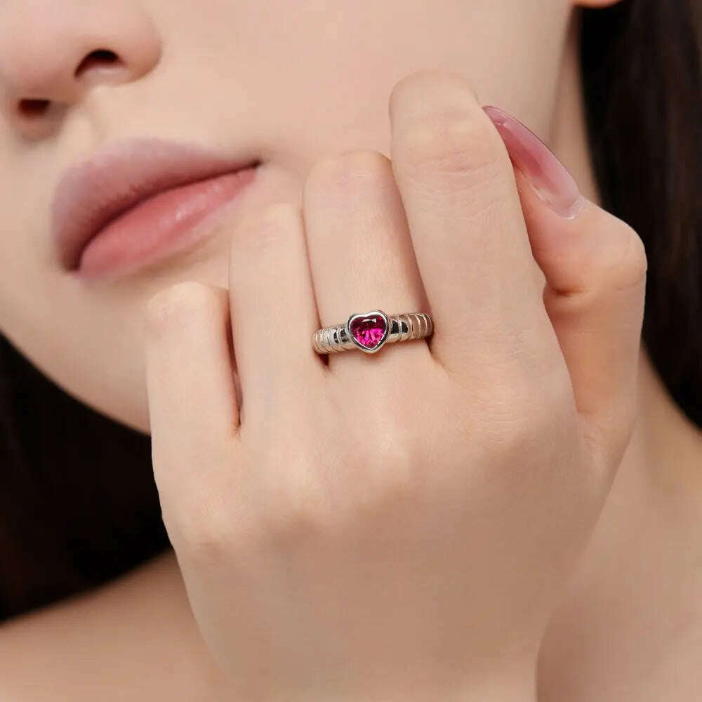 KIMLUD, S925 Sterling Silver Rings Women Vintage Red Heart Ring Female Shiny 5A Zircon Luxury Jewelry Gift Gift Lady Party Banquet, KIMLUD Women's Clothes
