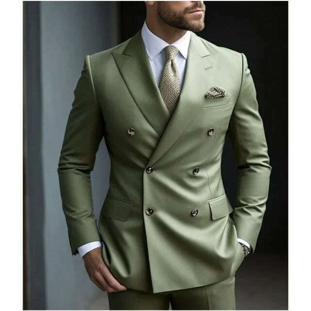 KIMLUD, Sage Green Men's Wedding Suits Solid Color 2 Piece Daily Plus Size Double Breasted Six-buttons Formal Business Suits, Same as Model 9 / 6XL, KIMLUD APPAREL - Womens Clothes