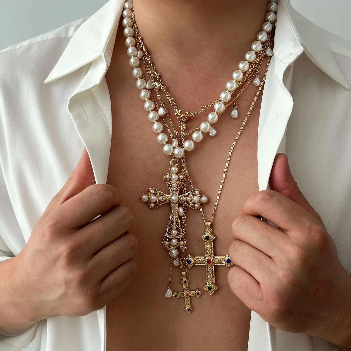 KIMLUD, Salircon 4pcs/set Aesthetic Design Jesus Cross Pendant Necklace Men Vintage Luxury Imitation Pearl Chain Choker Punk Jewelry, KIMLUD Womens Clothes