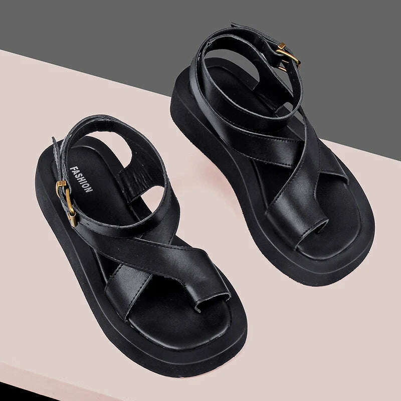 KIMLUD, Sandals Women Summer 2024  New Clip Toe Sandals Ladies Genuine Leather Fashion Roman Women Shoes Sandals, black / 35, KIMLUD Womens Clothes