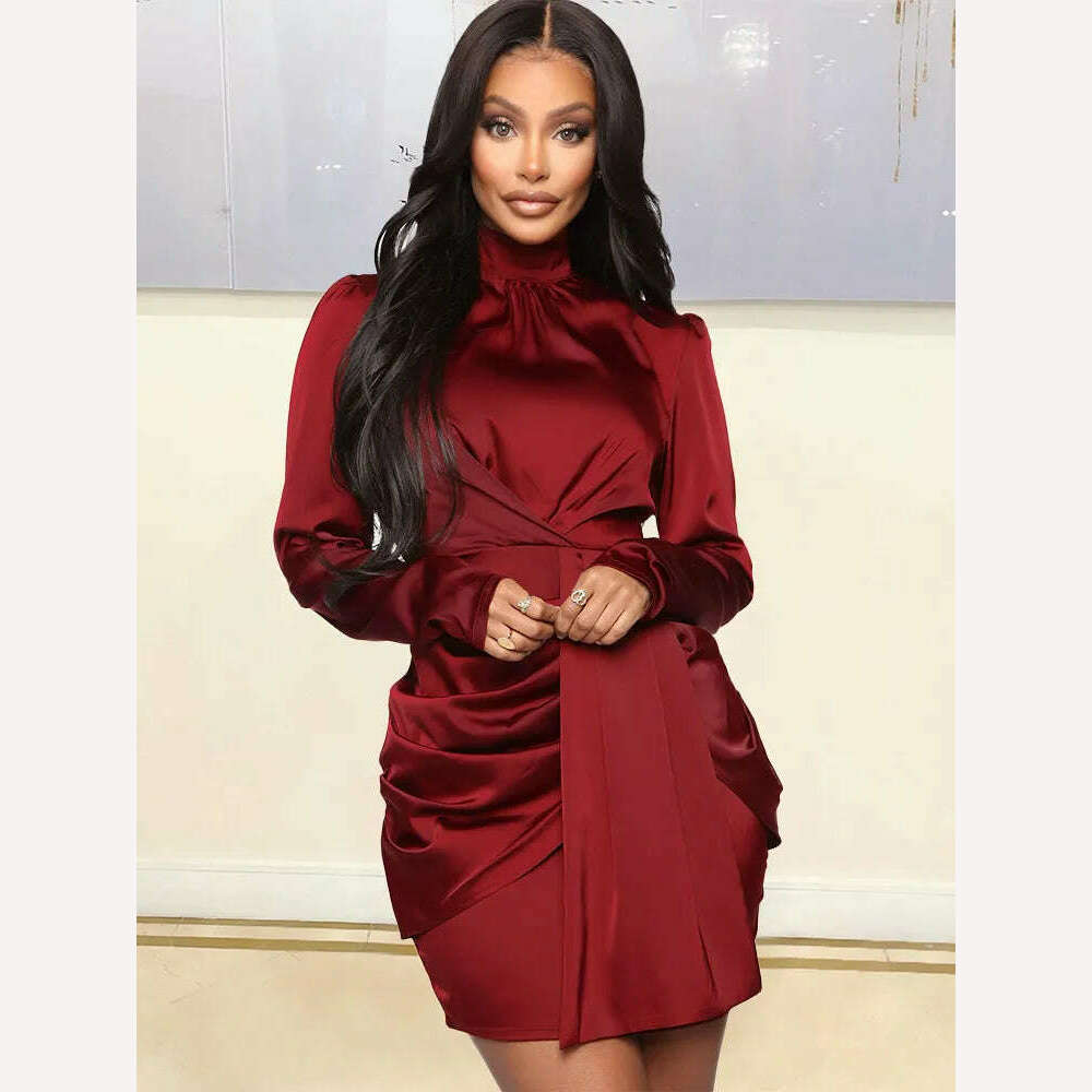 KIMLUD, Satin Long Sleeves Dresses Burgundy Half High Collar Slim Package Hip Sexy Mini Evening Cocktail Event Party Gowns Outfit Autumn, KIMLUD Women's Clothes