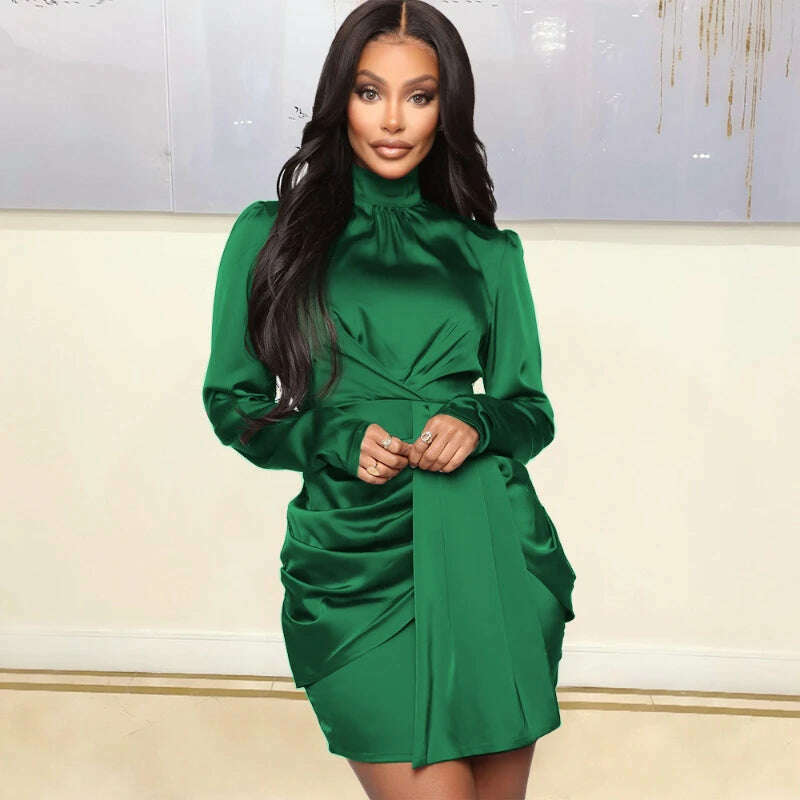 KIMLUD, Satin Long Sleeves Dresses Burgundy Half High Collar Slim Package Hip Sexy Mini Evening Cocktail Event Party Gowns Outfit Autumn, green / S, KIMLUD Women's Clothes