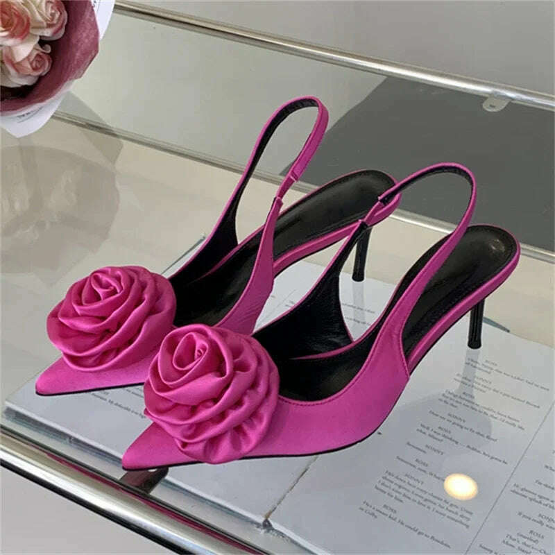 KIMLUD, Satin Slingback Mule Women Pumps Sexy Design Flowers Pointed Toe Thin High Heels Banquet Wedding Shoes, KIMLUD Womens Clothes