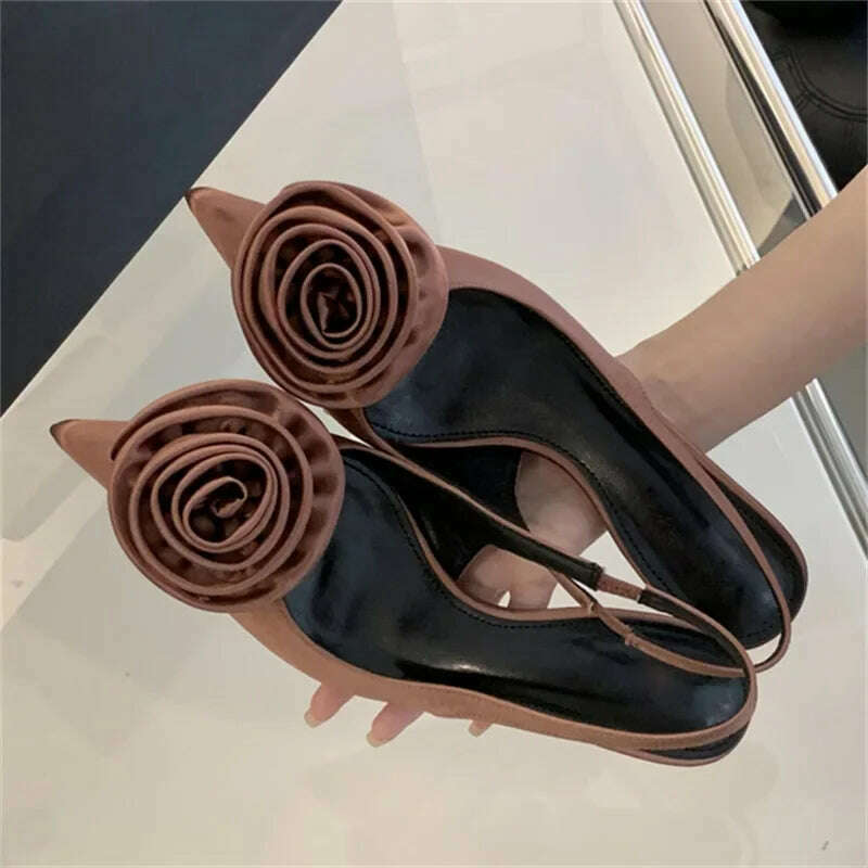 KIMLUD, Satin Slingback Mule Women Pumps Sexy Design Flowers Pointed Toe Thin High Heels Banquet Wedding Shoes, Brown / 35, KIMLUD Womens Clothes
