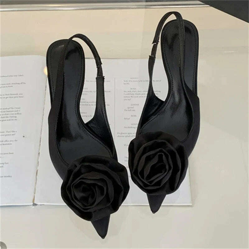 KIMLUD, Satin Slingback Mule Women Pumps Sexy Design Flowers Pointed Toe Thin High Heels Banquet Wedding Shoes, Black / 40, KIMLUD Womens Clothes