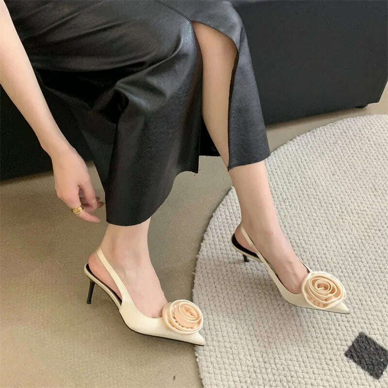 KIMLUD, Satin Slingback Mule Women Pumps Sexy Design Flowers Pointed Toe Thin High Heels Banquet Wedding Shoes, KIMLUD Womens Clothes