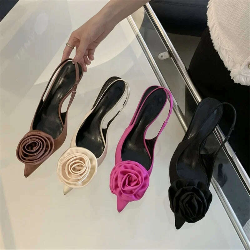 KIMLUD, Satin Slingback Mule Women Pumps Sexy Design Flowers Pointed Toe Thin High Heels Banquet Wedding Shoes, KIMLUD Womens Clothes