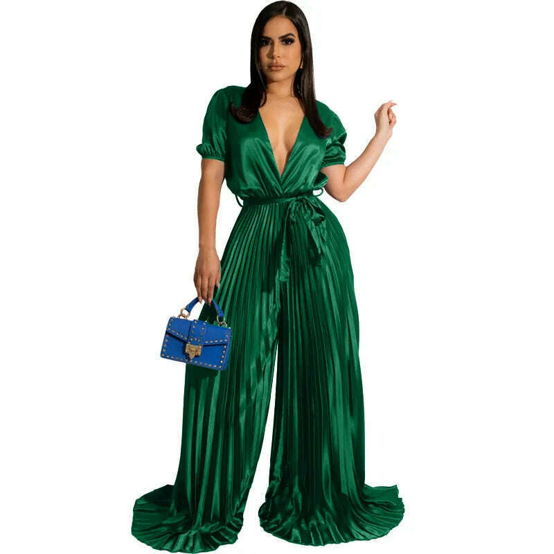 KIMLUD, Satin Women Rompers Short Sleeve Solid One Piece Overalls Elegant Evening Party Pleated Jumpsuits 2022 Summer Workout Activewear, Green / S / United States, KIMLUD Women's Clothes