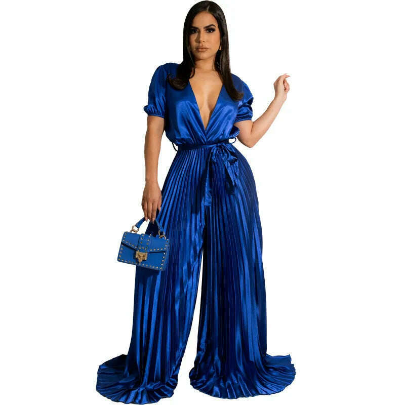 KIMLUD, Satin Women Rompers Short Sleeve Solid One Piece Overalls Elegant Evening Party Pleated Jumpsuits 2022 Summer Workout Activewear, Blue / S / United States, KIMLUD Women's Clothes