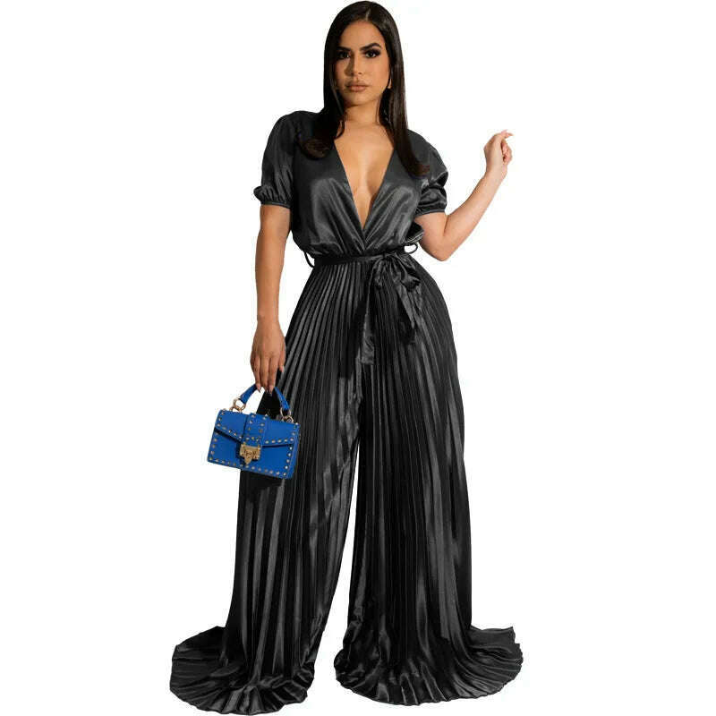 KIMLUD, Satin Women Rompers Short Sleeve Solid One Piece Overalls Elegant Evening Party Pleated Jumpsuits 2022 Summer Workout Activewear, Black / S / United States, KIMLUD Women's Clothes