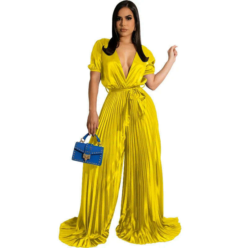 KIMLUD, Satin Women Rompers Short Sleeve Solid One Piece Overalls Elegant Evening Party Pleated Jumpsuits 2022 Summer Workout Activewear, Yellow / S / United States, KIMLUD Women's Clothes