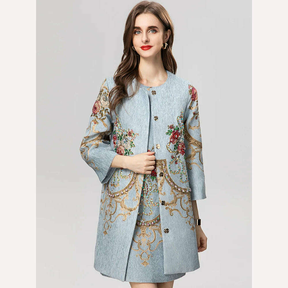 KIMLUD, Seasixiang Fashion Designer Autumn Jacquard Coat Women O-Neck Half Sleeve Crystal Diamonds Vintage Covered Button Outerwear, KIMLUD Womens Clothes