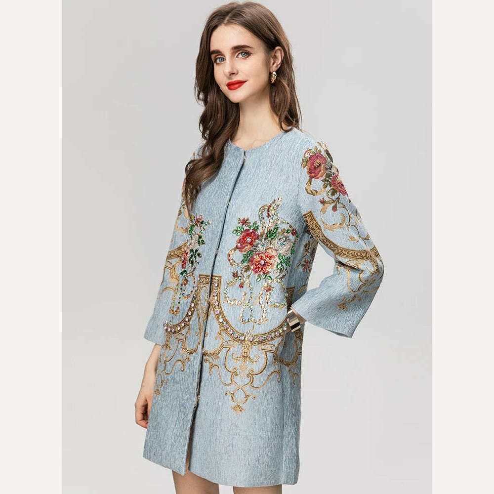 KIMLUD, Seasixiang Fashion Designer Autumn Jacquard Coat Women O-Neck Half Sleeve Crystal Diamonds Vintage Covered Button Outerwear, KIMLUD Womens Clothes