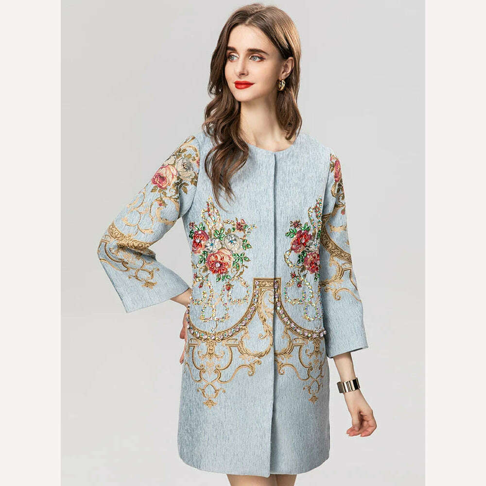 KIMLUD, Seasixiang Fashion Designer Autumn Jacquard Coat Women O-Neck Half Sleeve Crystal Diamonds Vintage Covered Button Outerwear, KIMLUD Womens Clothes