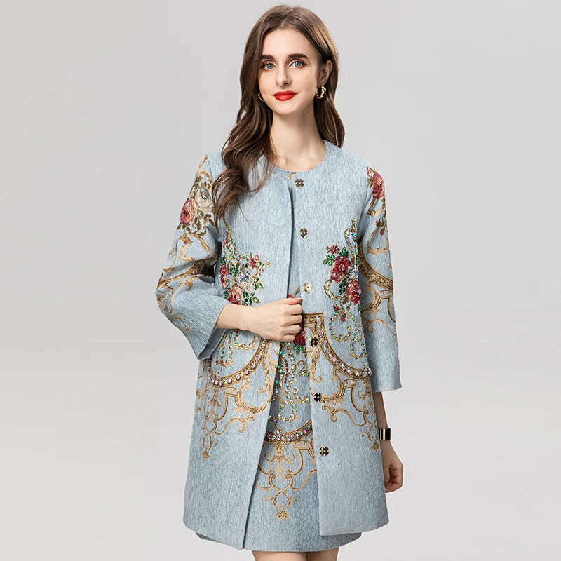 KIMLUD, Seasixiang Fashion Designer Autumn Jacquard Coat Women O-Neck Half Sleeve Crystal Diamonds Vintage Covered Button Outerwear, MULTI / S, KIMLUD Womens Clothes