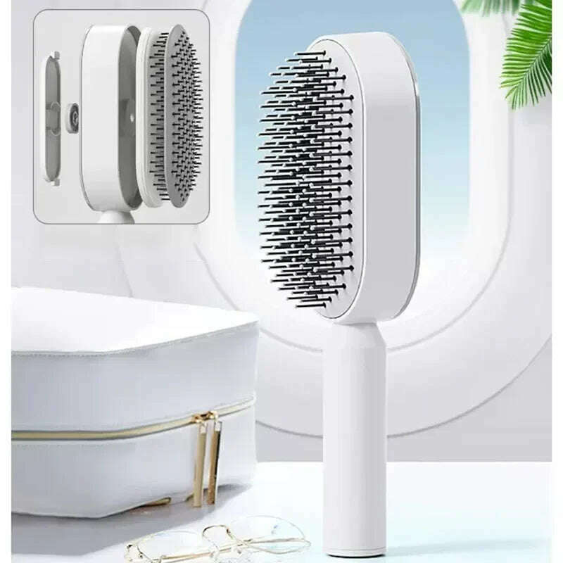 KIMLUD, Self Cleaning Hair Brush 3D Air Cushion Massage Comb Airbag Massage Brush One-key Cleaning Detangling Hair Brush Styling Tools, Press cleaning-White / UNITED KINGDOM, KIMLUD Womens Clothes