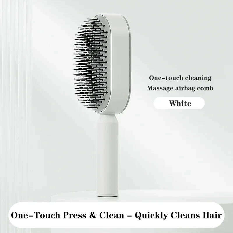 KIMLUD, Self Cleaning Hairbrush Women Hair Brush One-key Cleaning Hair Loss Airbag Scalp Massage Comb Anti-Static Hairbrush, Pressing White, KIMLUD Womens Clothes