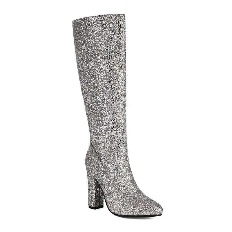 KIMLUD, Sequin Cloth Bling Bling Glitter Blue Gold Silver Party Weddding Bride Shoes Block High Heels Knee High Shiny Women Boots Winter, Silver / 12, KIMLUD Women's Clothes