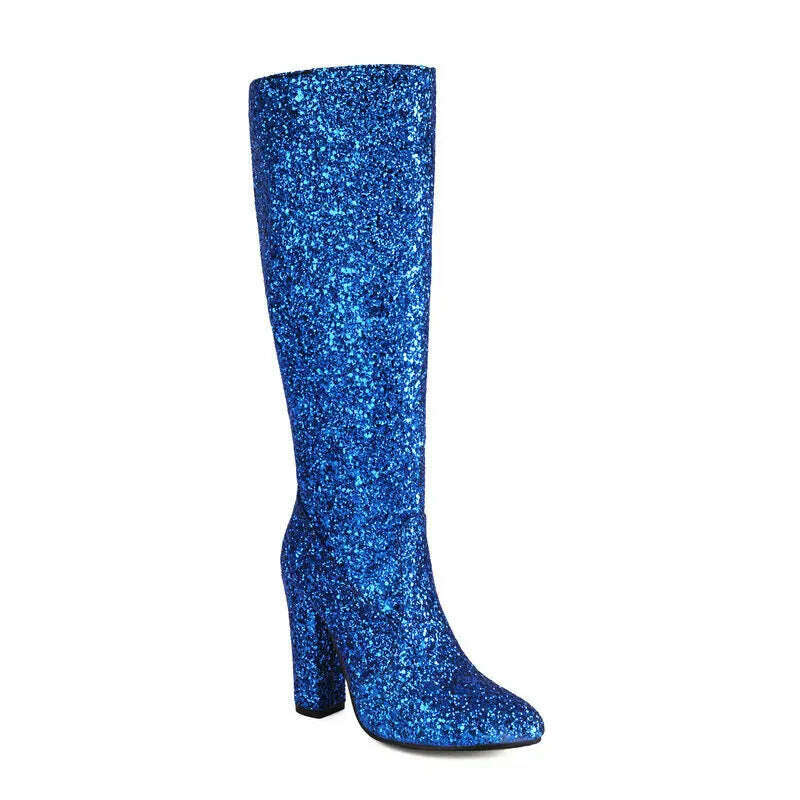 KIMLUD, Sequin Cloth Bling Bling Glitter Blue Gold Silver Party Weddding Bride Shoes Block High Heels Knee High Shiny Women Boots Winter, Blue / 5, KIMLUD Women's Clothes