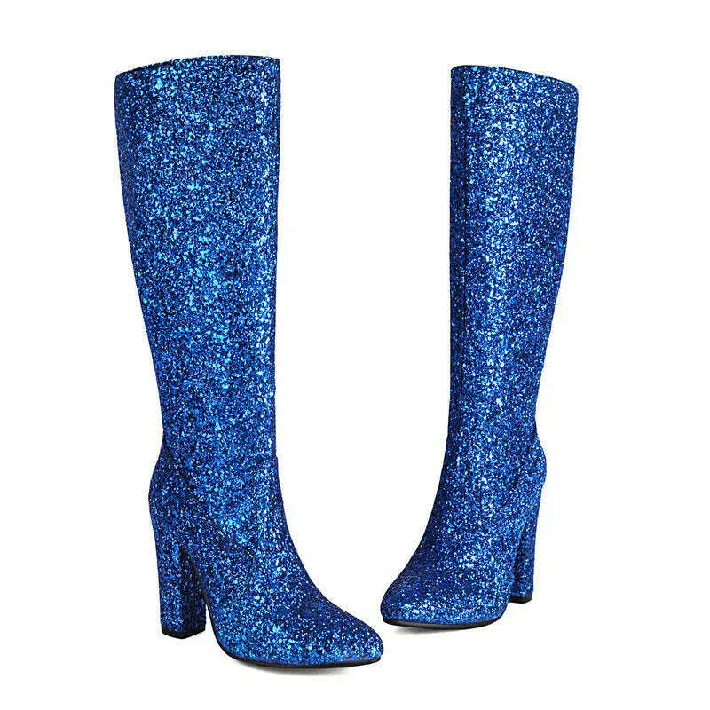 KIMLUD, Sequin Cloth Bling Bling Glitter Blue Gold Silver Party Weddding Bride Shoes Block High Heels Knee High Shiny Women Boots Winter, KIMLUD Womens Clothes
