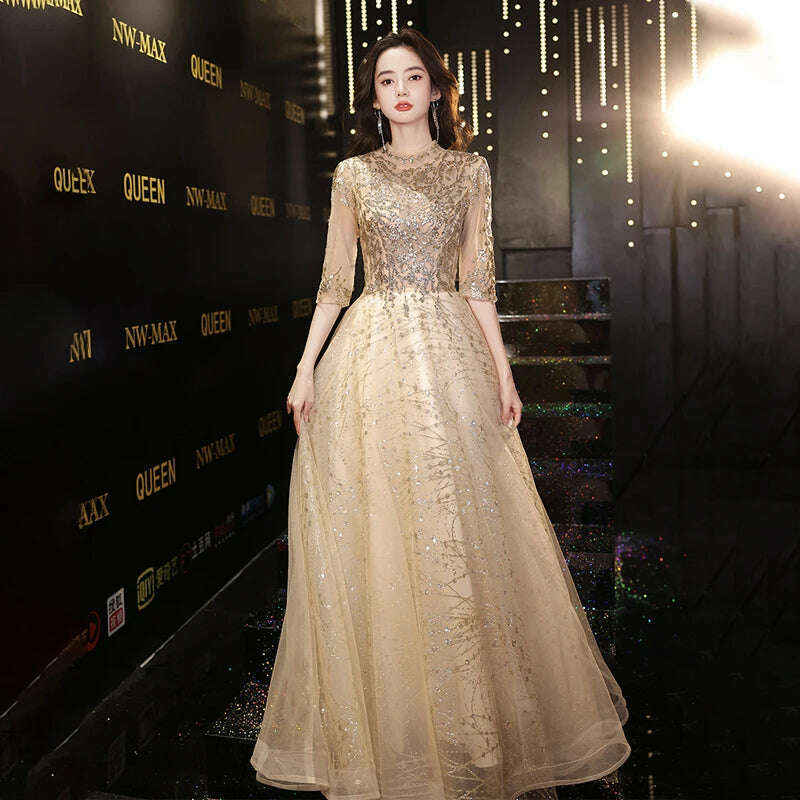 KIMLUD, Sequins High Neck Evening Dress A-Line Half Sleeves Pleat Floor Length Lace Up Elegant Plus size Woman Formal Party Gowns XC032, KIMLUD Women's Clothes