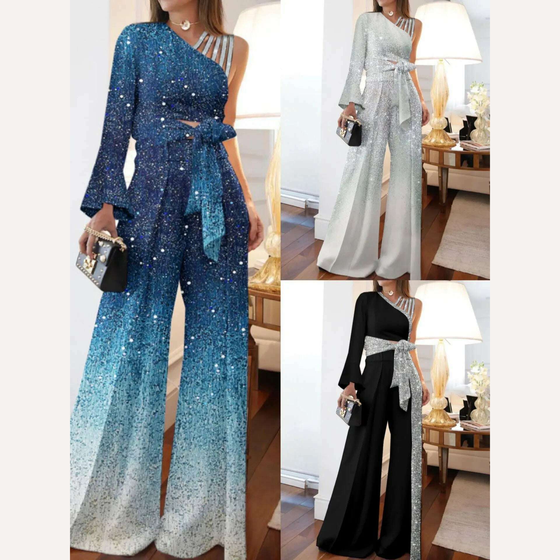 KIMLUD, Sequins Women Jumpsuit 2023 New Sexy Female One Shoulder Lace-up Flare Pants Bodysuits Elegant Prom Party Jumpsuit, KIMLUD Womens Clothes