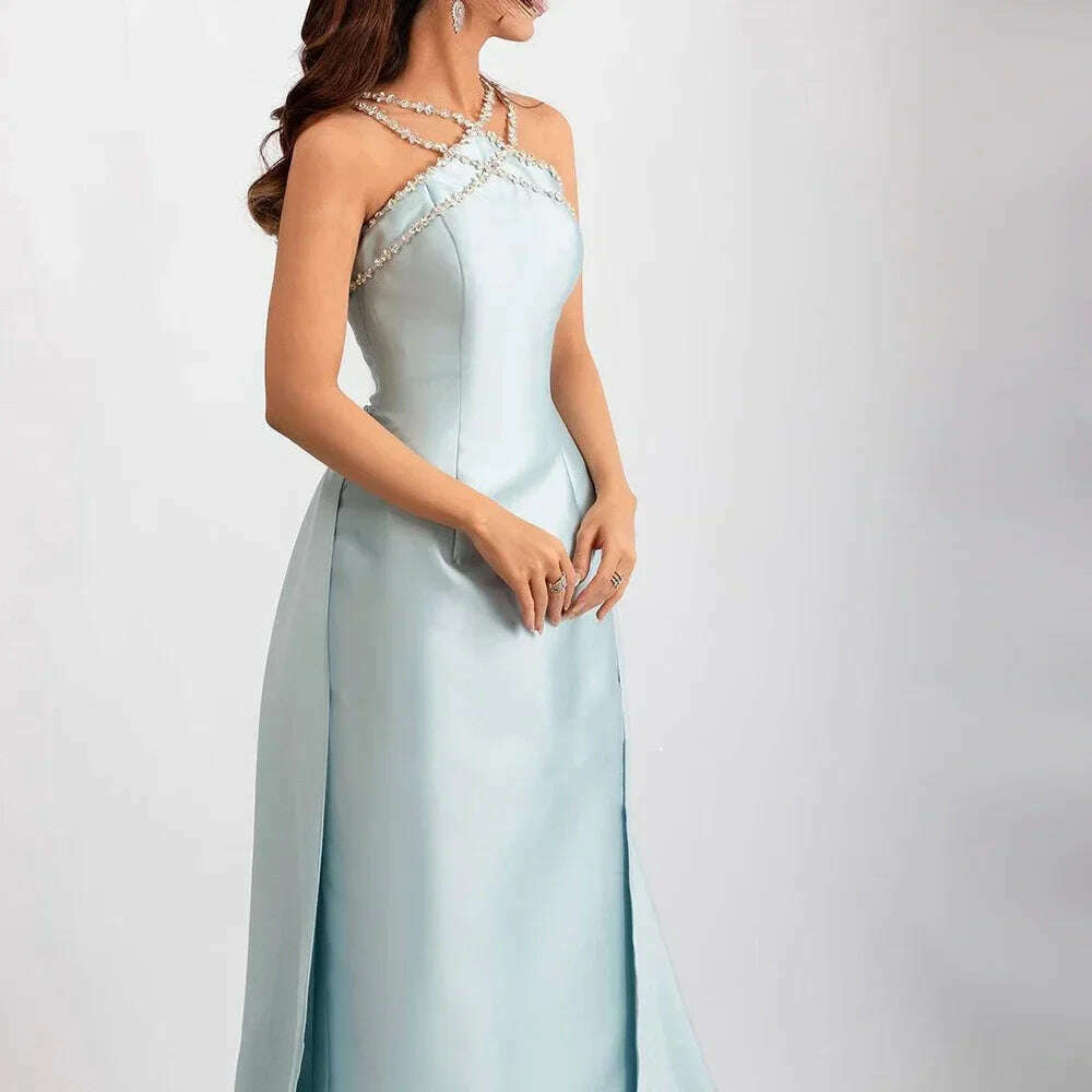 KIMLUD, Serene Hill 2025 Customized Blue Satin Halter With Overskirt Mermaid Beaded Evening Dresses Gowns for Formal Occasion BLA72524, KIMLUD Womens Clothes
