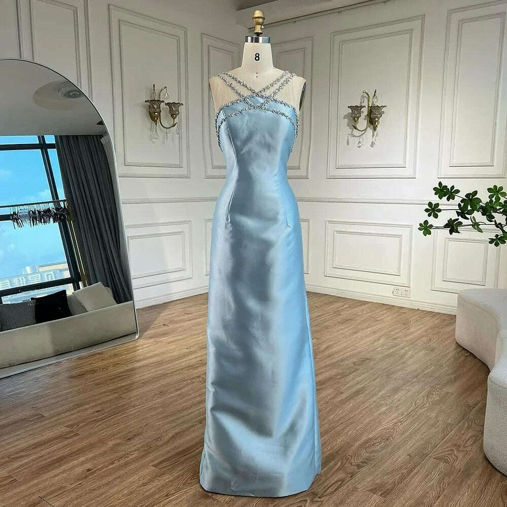 KIMLUD, Serene Hill 2025 Customized Blue Satin Halter With Overskirt Mermaid Beaded Evening Dresses Gowns for Formal Occasion BLA72524, KIMLUD Womens Clothes