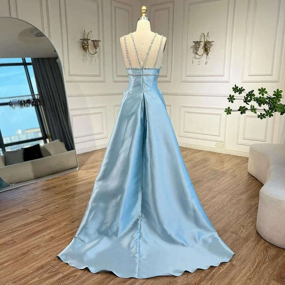 KIMLUD, Serene Hill 2025 Customized Blue Satin Halter With Overskirt Mermaid Beaded Evening Dresses Gowns for Formal Occasion BLA72524, KIMLUD Womens Clothes