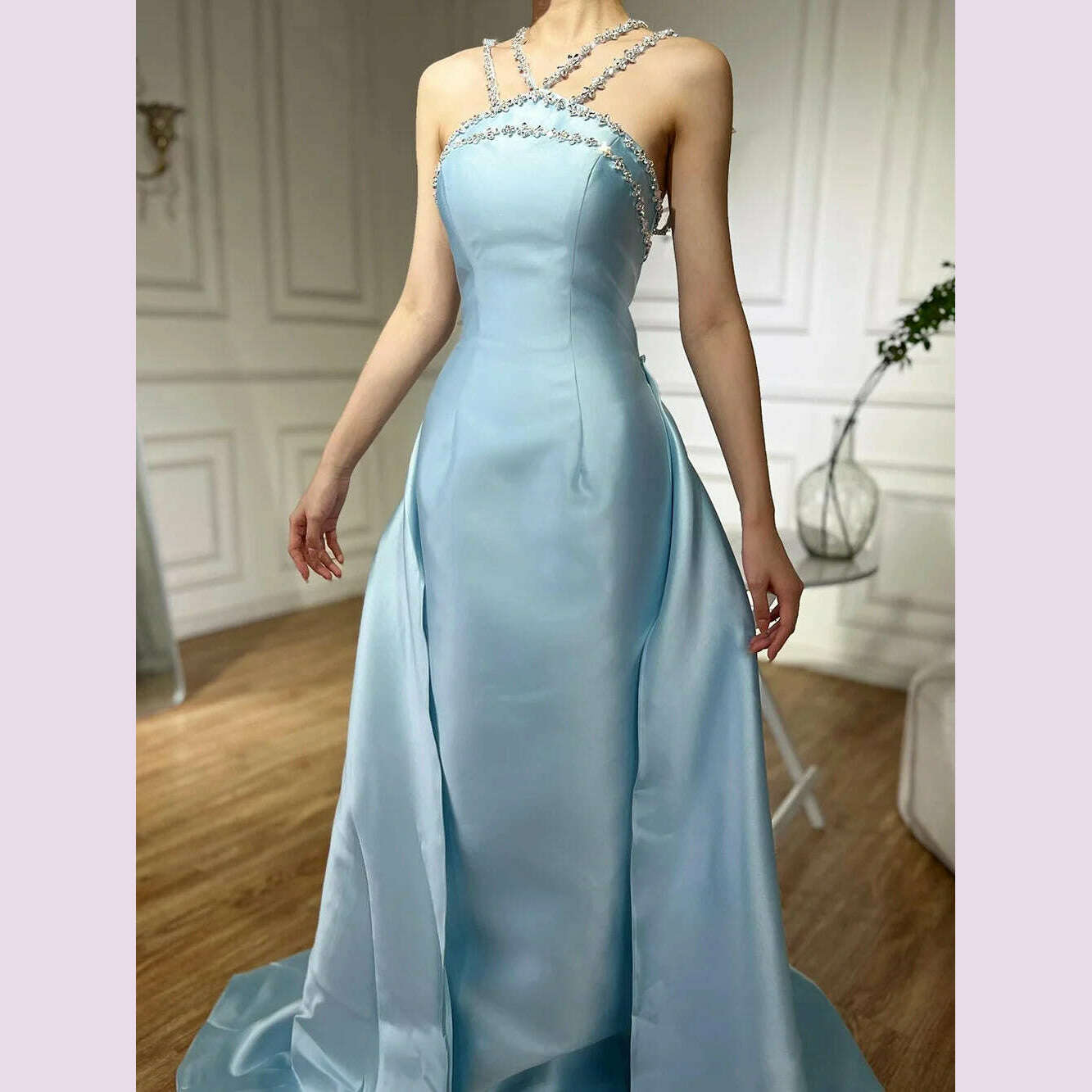 KIMLUD, Serene Hill 2025 Customized Blue Satin Halter With Overskirt Mermaid Beaded Evening Dresses Gowns for Formal Occasion BLA72524, KIMLUD Womens Clothes