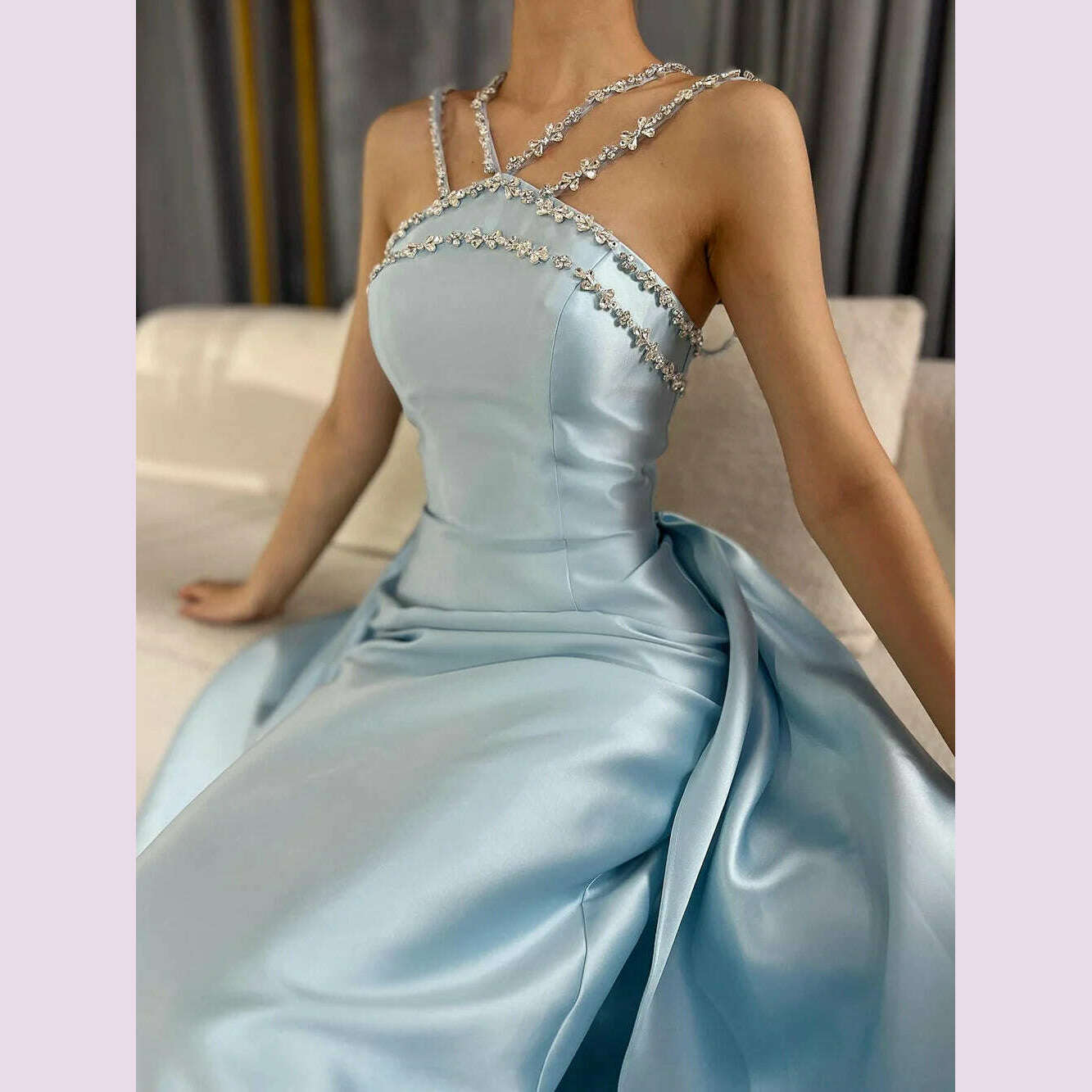 KIMLUD, Serene Hill 2025 Customized Blue Satin Halter With Overskirt Mermaid Beaded Evening Dresses Gowns for Formal Occasion BLA72524, KIMLUD Womens Clothes