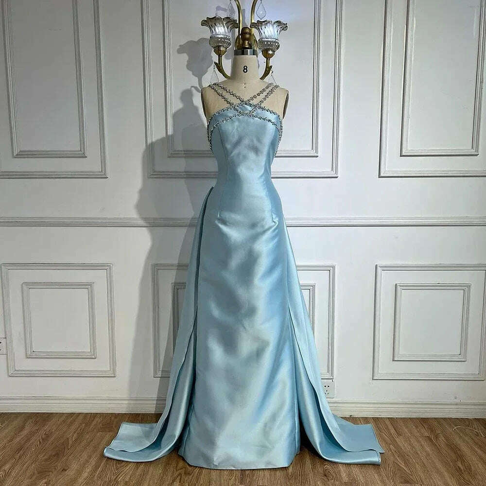 KIMLUD, Serene Hill 2025 Customized Blue Satin Halter With Overskirt Mermaid Beaded Evening Dresses Gowns for Formal Occasion BLA72524, blue / 6, KIMLUD APPAREL - Womens Clothes