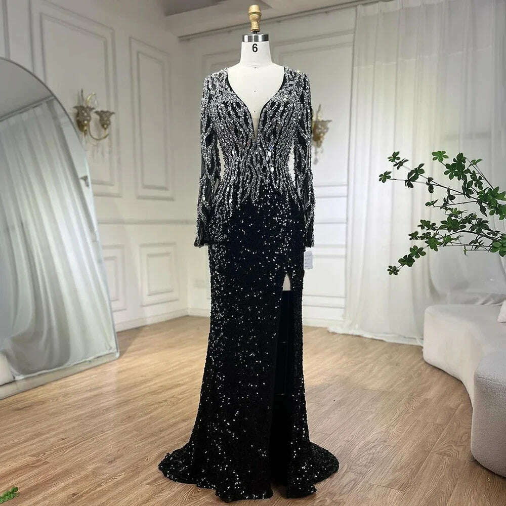 KIMLUD, Serene Hill Arabic Black Elegant Mermaid Beaded Luxury Evening Dresses Gowns for Women Wedding Party 2024 BLA72220, black / 6, KIMLUD APPAREL - Womens Clothes