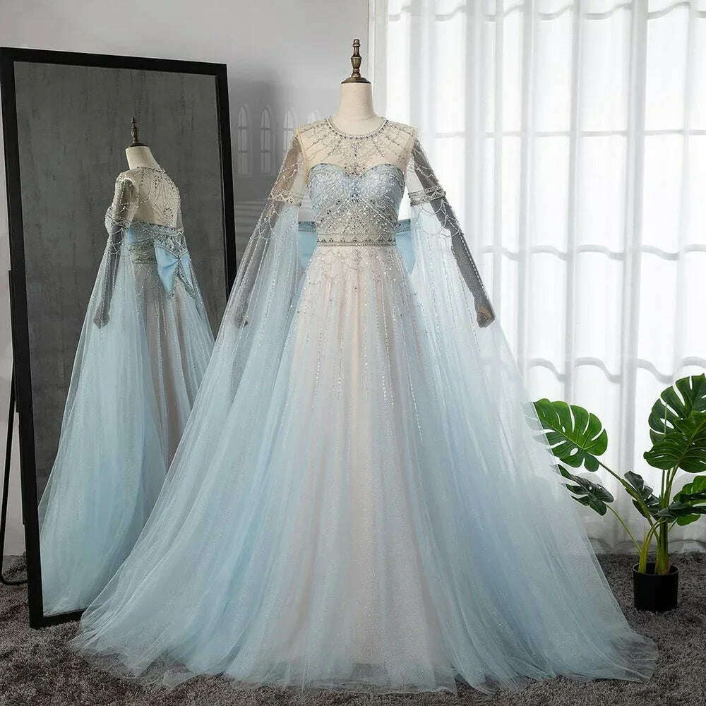 KIMLUD, Serene Hill Blue A-Line Arabic Cape Sleeves O-Neck Bow Beaded Luxury Evening Dresses Gowns 2023 For Women Party BLA71831, KIMLUD Womens Clothes