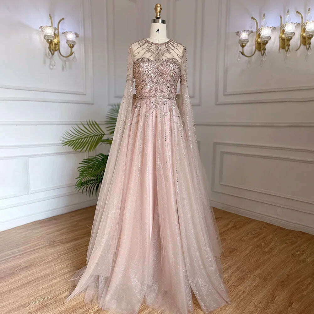 KIMLUD, Serene Hill Blue A-Line Arabic Cape Sleeves O-Neck Bow Beaded Luxury Evening Dresses Gowns 2023 For Women Party BLA71831, nude / 14, KIMLUD APPAREL - Womens Clothes