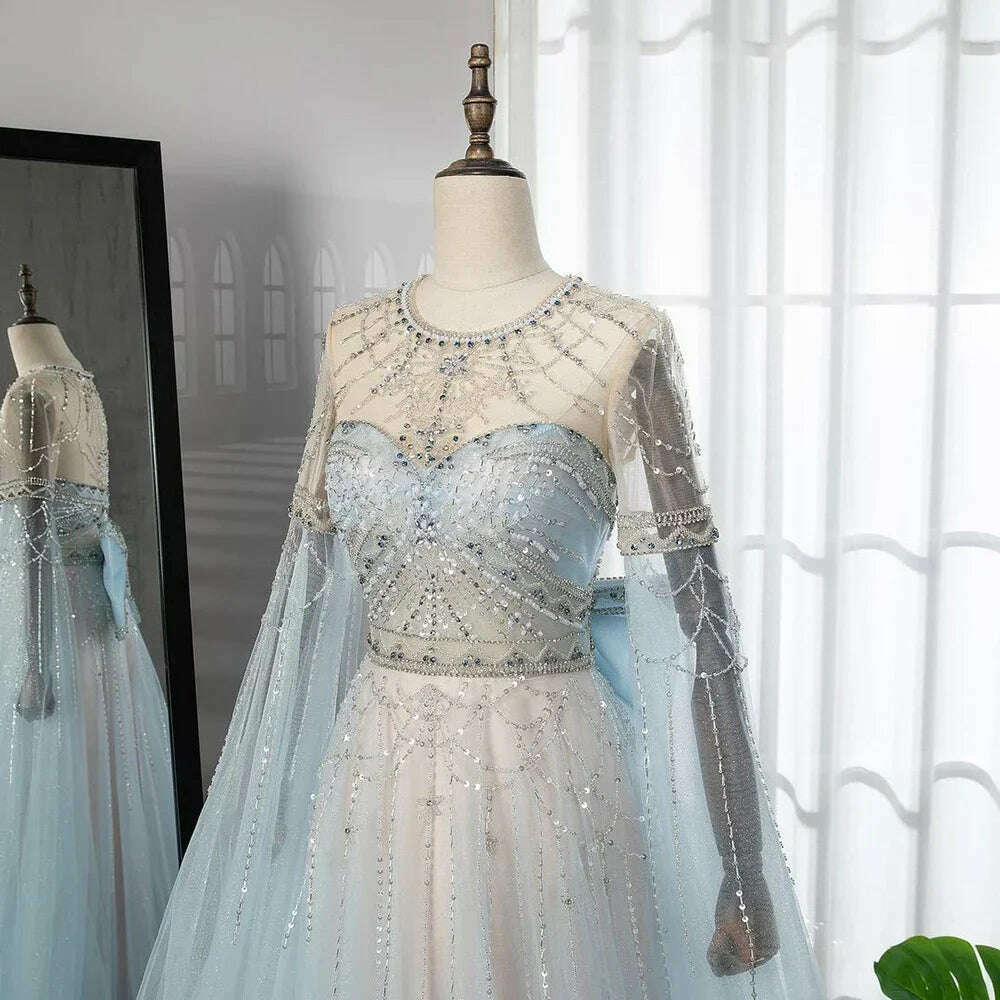 KIMLUD, Serene Hill Blue A-Line Arabic Cape Sleeves O-Neck Bow Beaded Luxury Evening Dresses Gowns 2023 For Women Party BLA71831, KIMLUD Women's Clothes