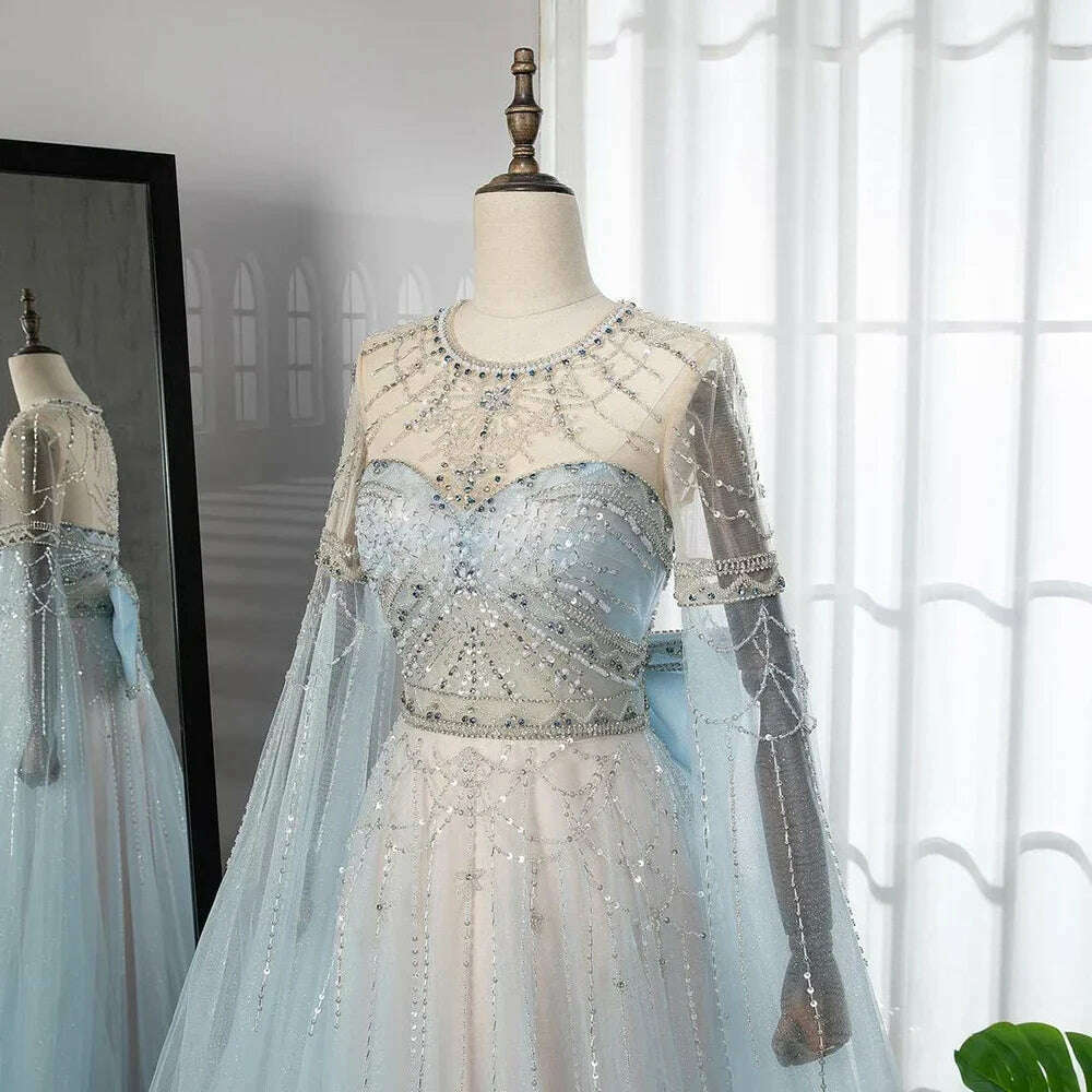 KIMLUD, Serene Hill Blue A-Line Arabic Cape Sleeves O-Neck Bow Beaded Luxury Evening Dresses Gowns 2023 For Women Party BLA71831, KIMLUD Womens Clothes