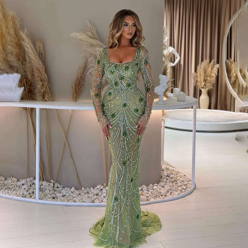 KIMLUD, Serene Hill Luxury Dubai Green Mermaid Elegant Crystal Beaded Arabic Evening Dresses Gowns For Women Wedding Party 2023 BLA72242, KIMLUD Womens Clothes