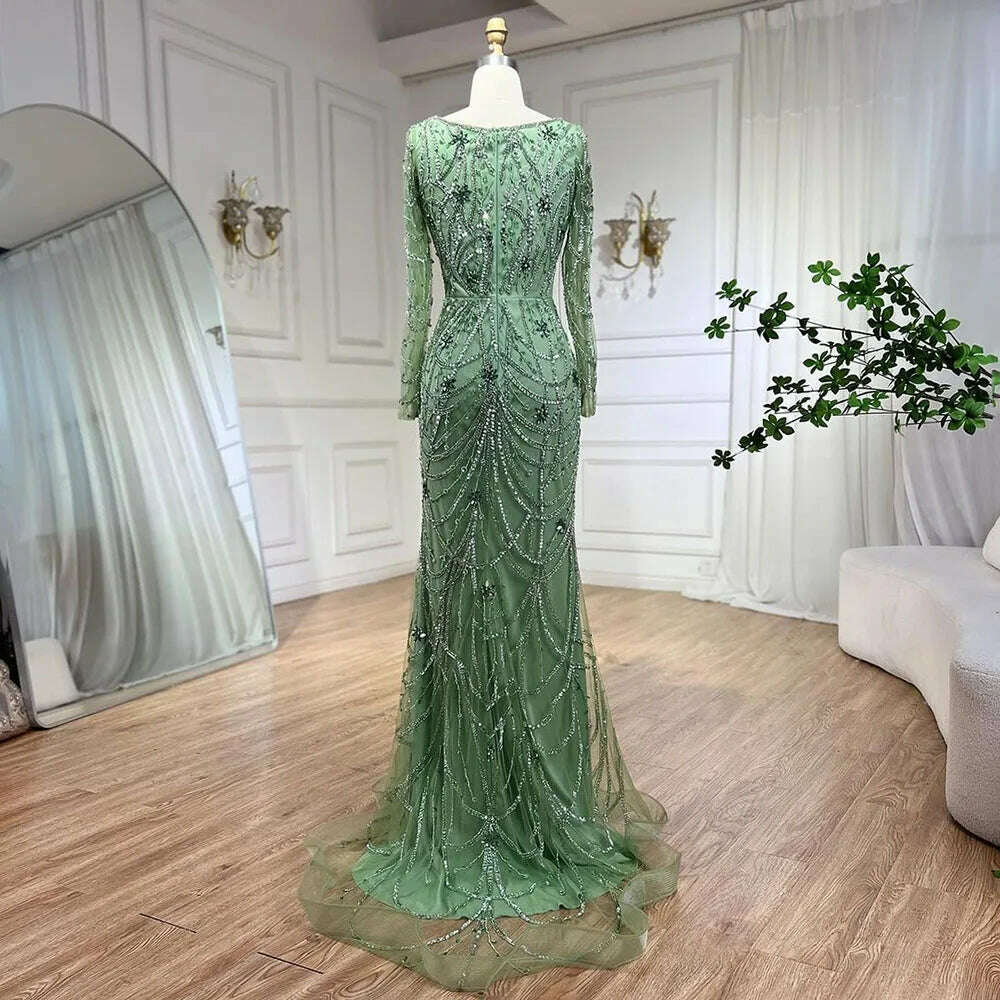 KIMLUD, Serene Hill Luxury Dubai Green Mermaid Elegant Crystal Beaded Arabic Evening Dresses Gowns For Women Wedding Party 2023 BLA72242, KIMLUD Womens Clothes