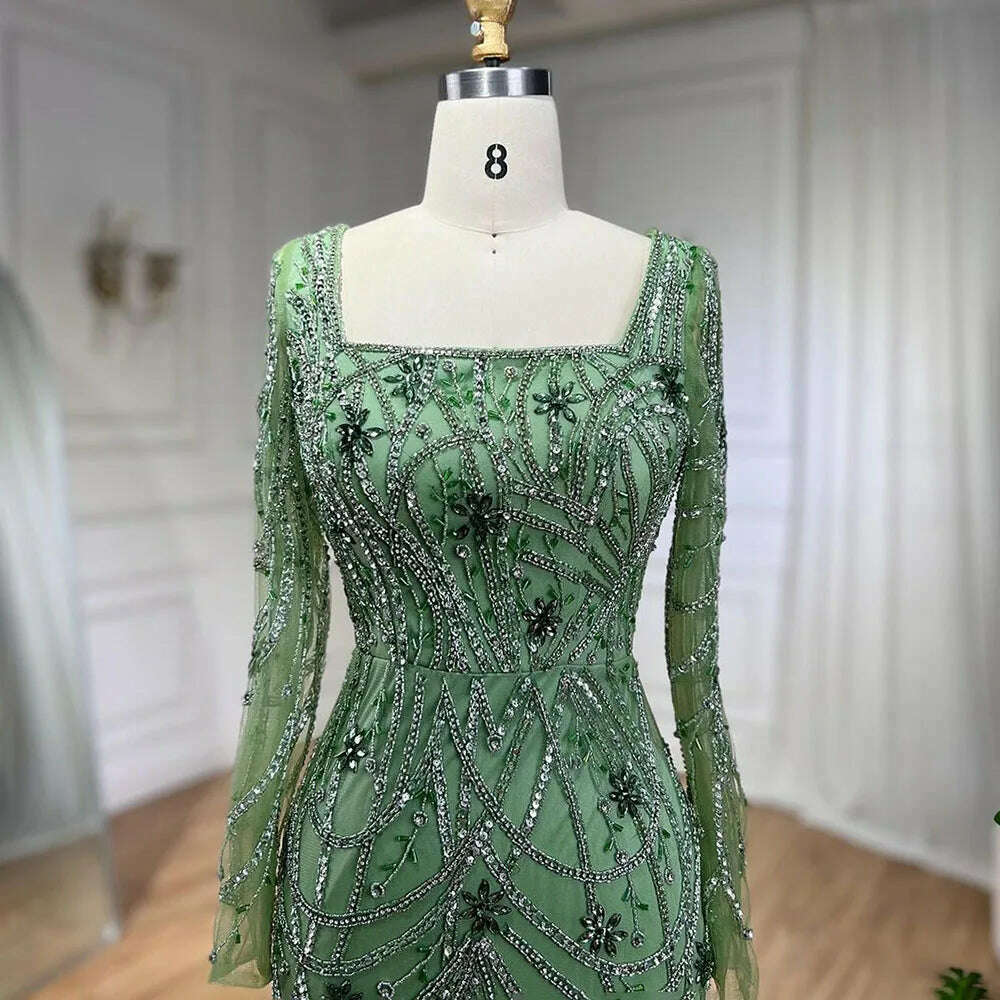 Serene Hill Luxury Dubai Green Mermaid Elegant Crystal Beaded Arabic Evening Dresses Gowns For Women Wedding Party 2023 BLA72242 - KIMLUD