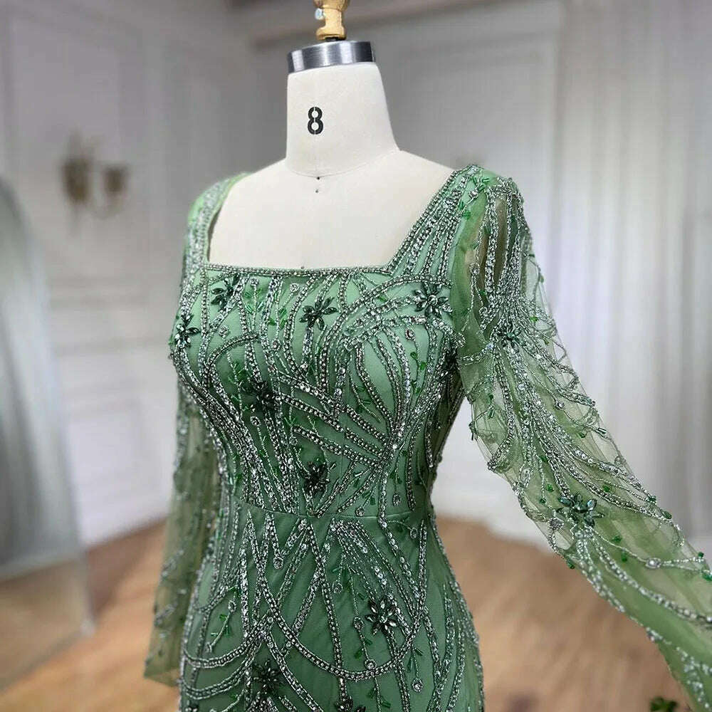 KIMLUD, Serene Hill Luxury Dubai Green Mermaid Elegant Crystal Beaded Arabic Evening Dresses Gowns For Women Wedding Party 2023 BLA72242, KIMLUD Women's Clothes