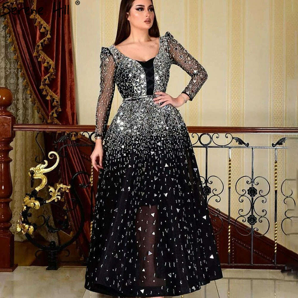 KIMLUD, Serene Hill Muslim Black A-Line Evening Dresses Gowns 2023 Beaded Luxury For Woman Wedding Party BLA71214, black / 16, KIMLUD Women's Clothes